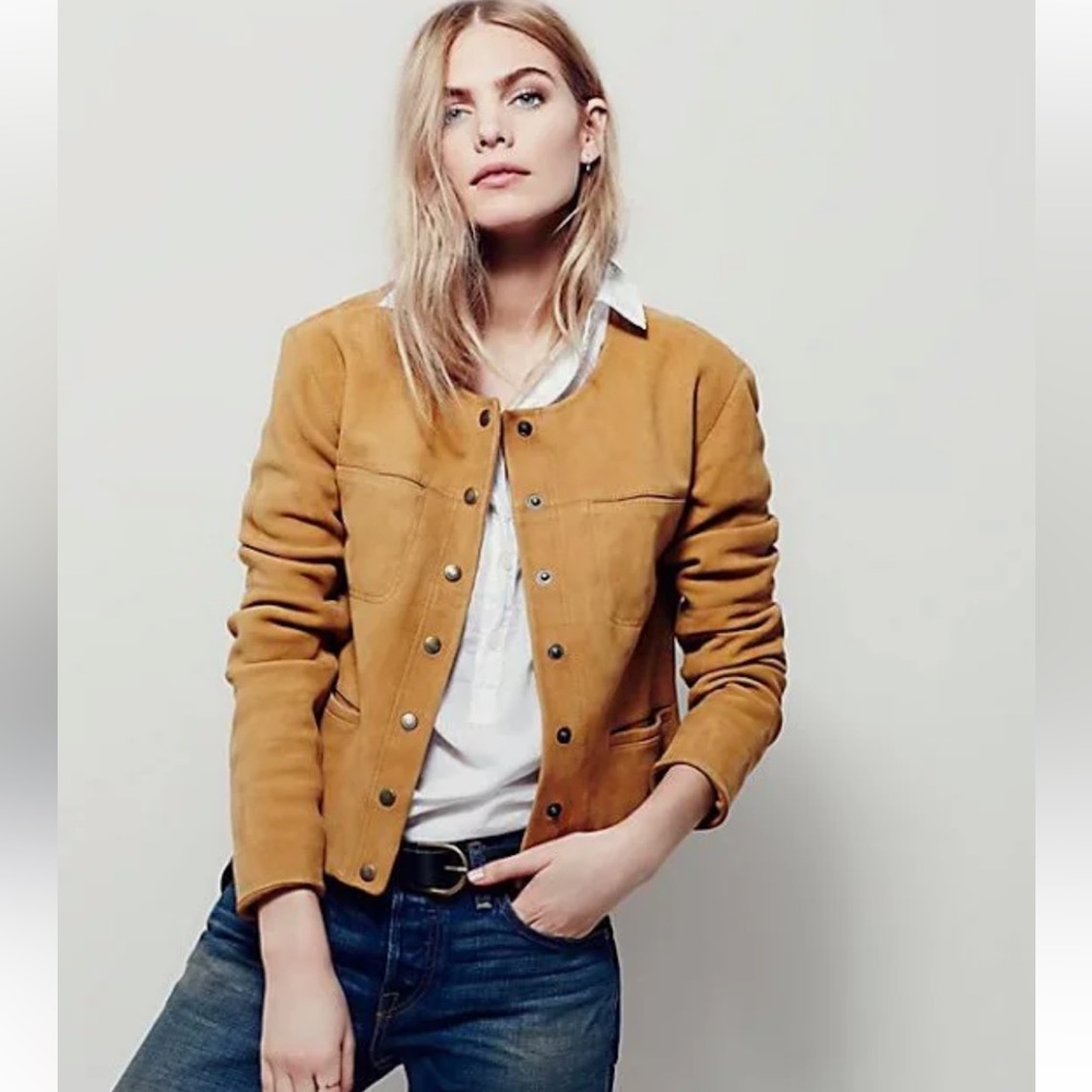 Free People Collarless Suede Jacket